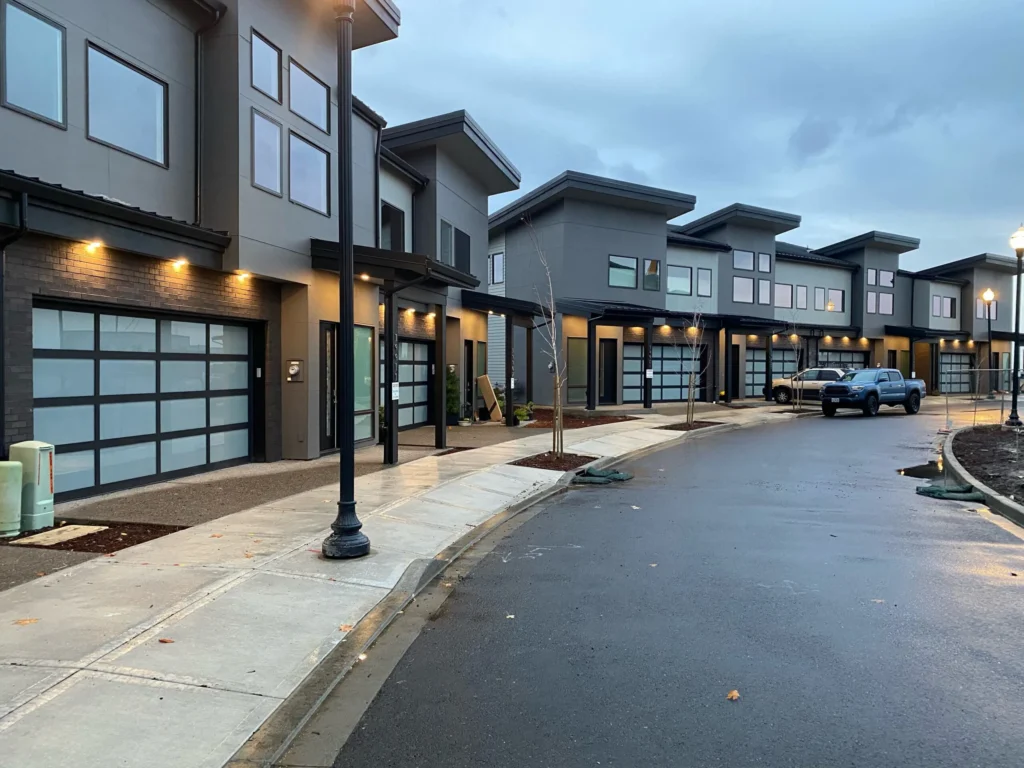 New multifamily apartments porch lighting in the evening